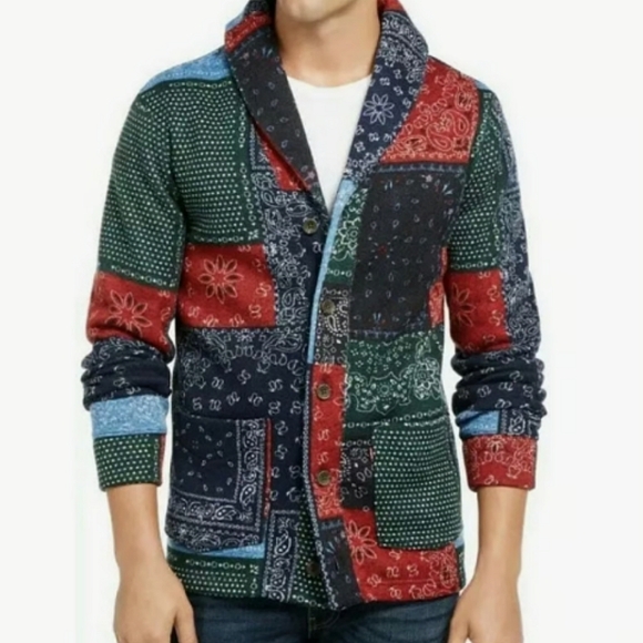 Levi's Hillen Cardigan Sweater Fleece Patchwork Handkerchief Button Up Men's XL - Picture 3 of 11